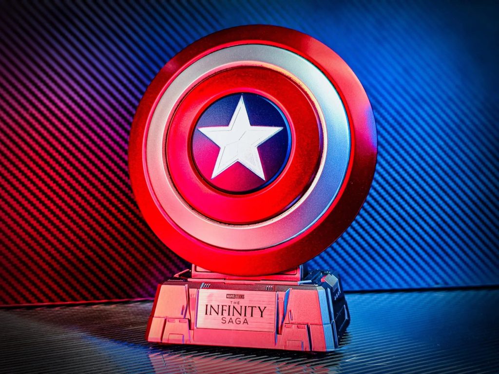 Captain America shield Bluetooth speaker on its Infinity Saga base