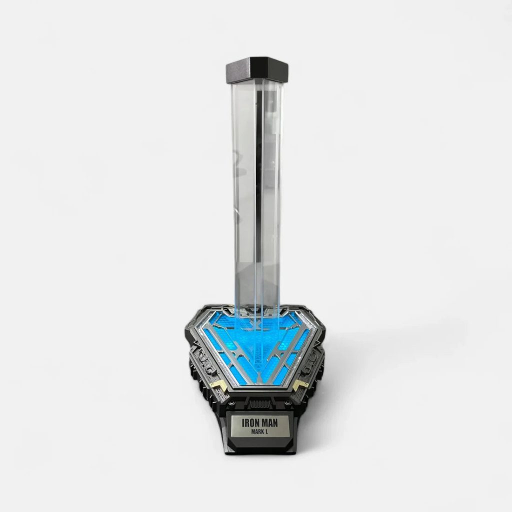 Front view of the Iron Man Mark L helmet display stand