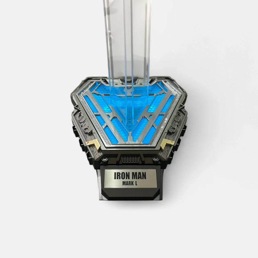 Iron Man helmet stand base lit blue with the Mark L nameplate
