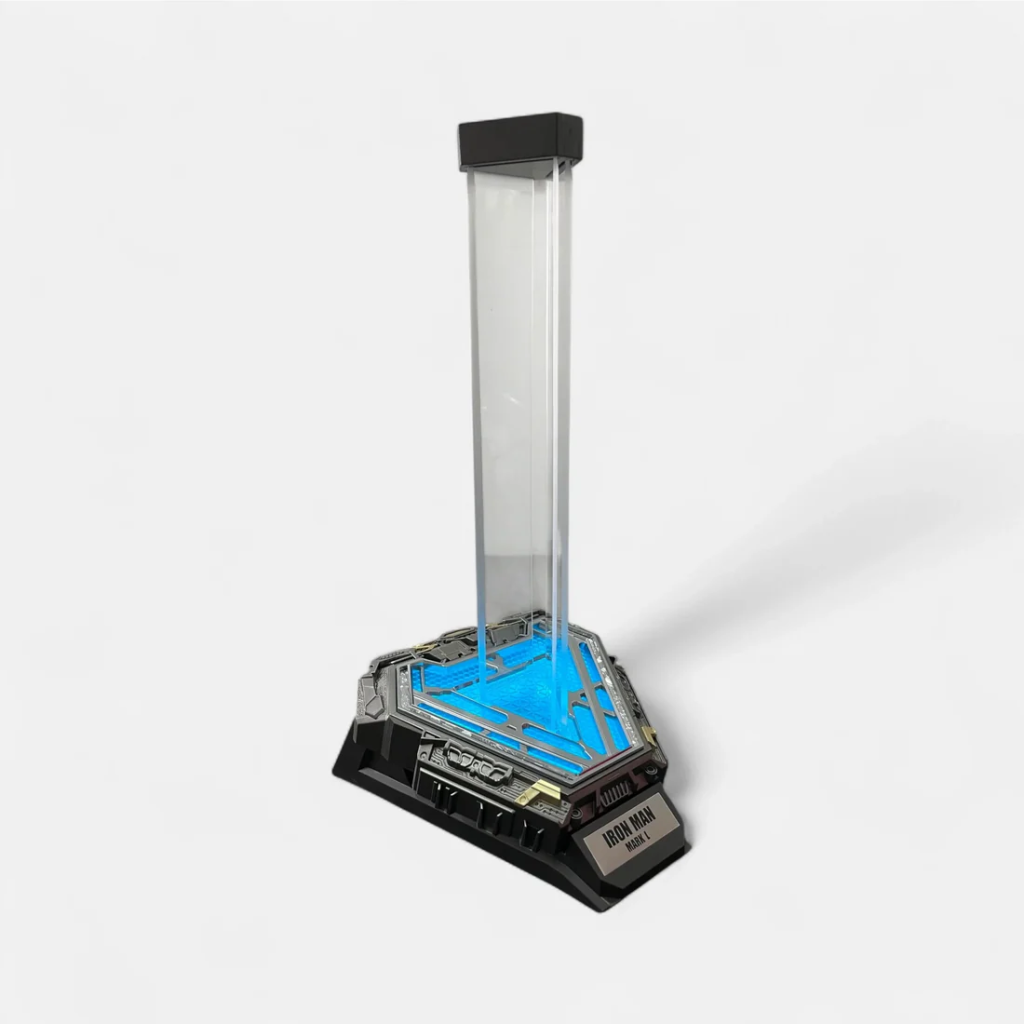 Assembled Iron Man helmet stand with the lit base and vertical rails