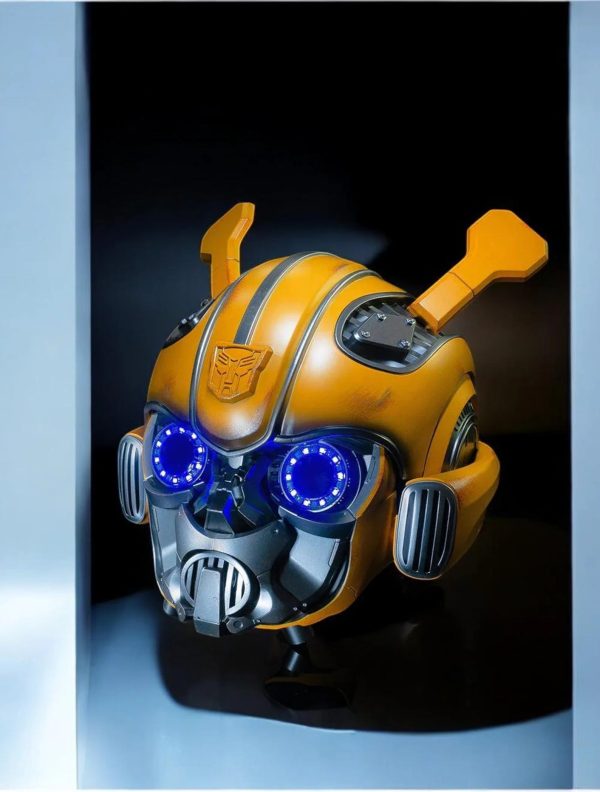 Wearable Bumblebee helmet on a display base with the eyes lit blue