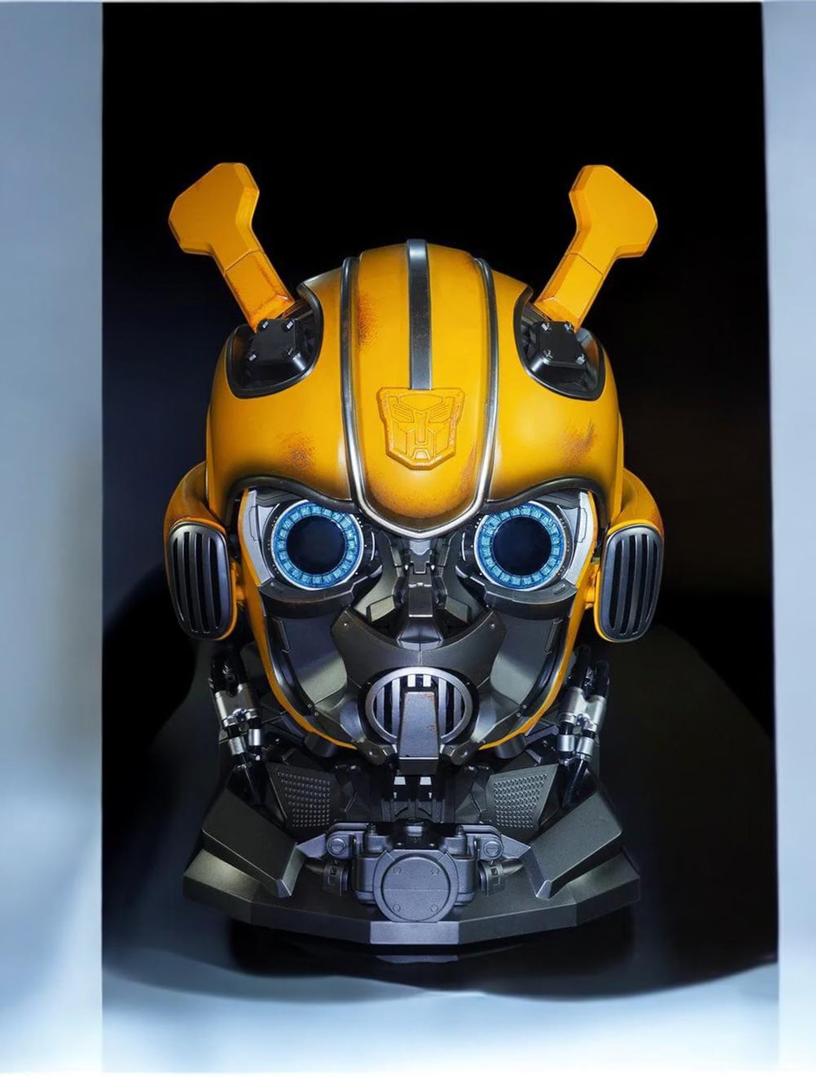 Front view of the Transformers Bumblebee helmet showing the Autobot badge