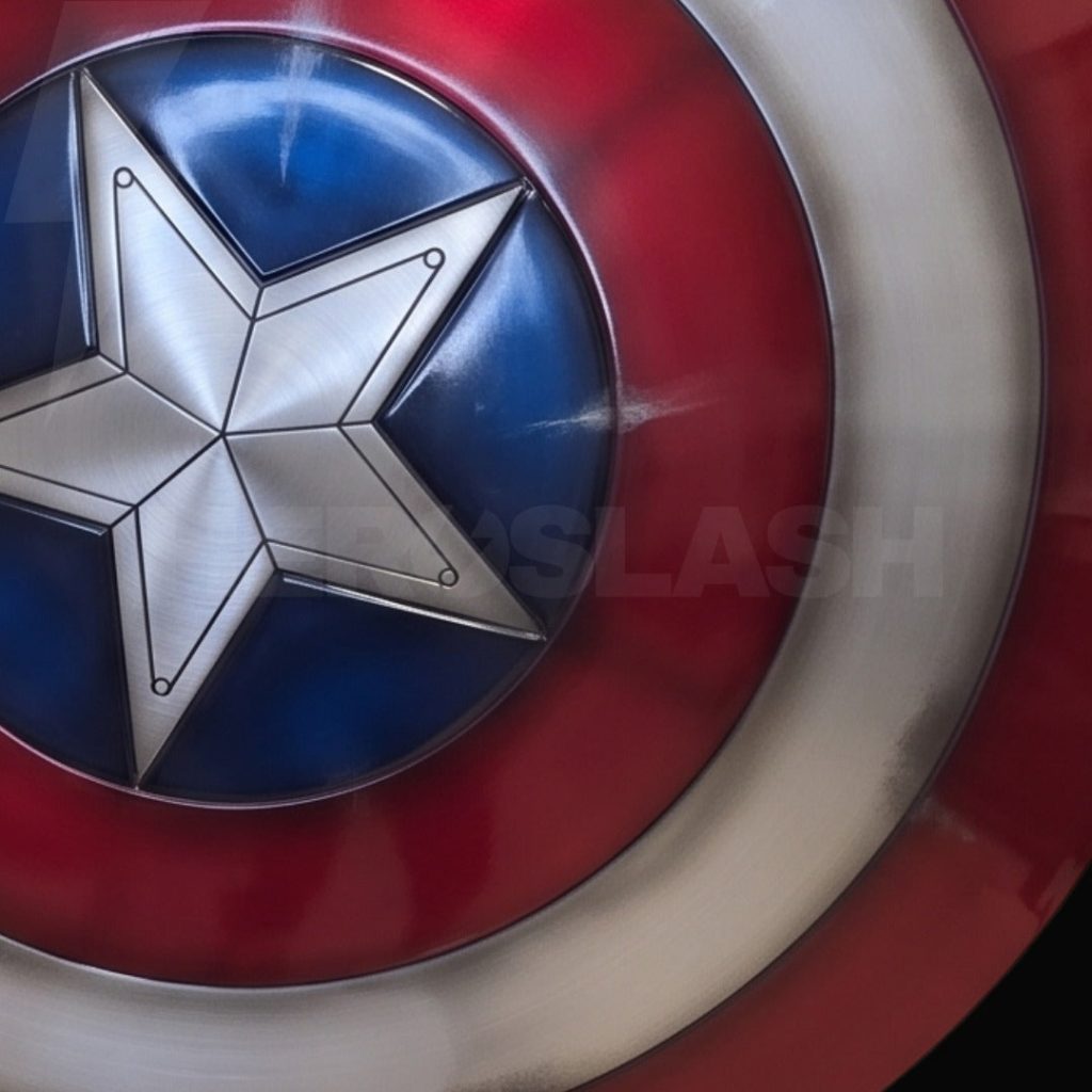 Close-up of the hand-painted star and brushed metal rings on the 1:1 Captain America shield